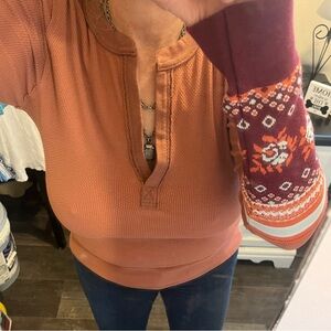 Free People Rust Henley Top with Patterned Sleeves